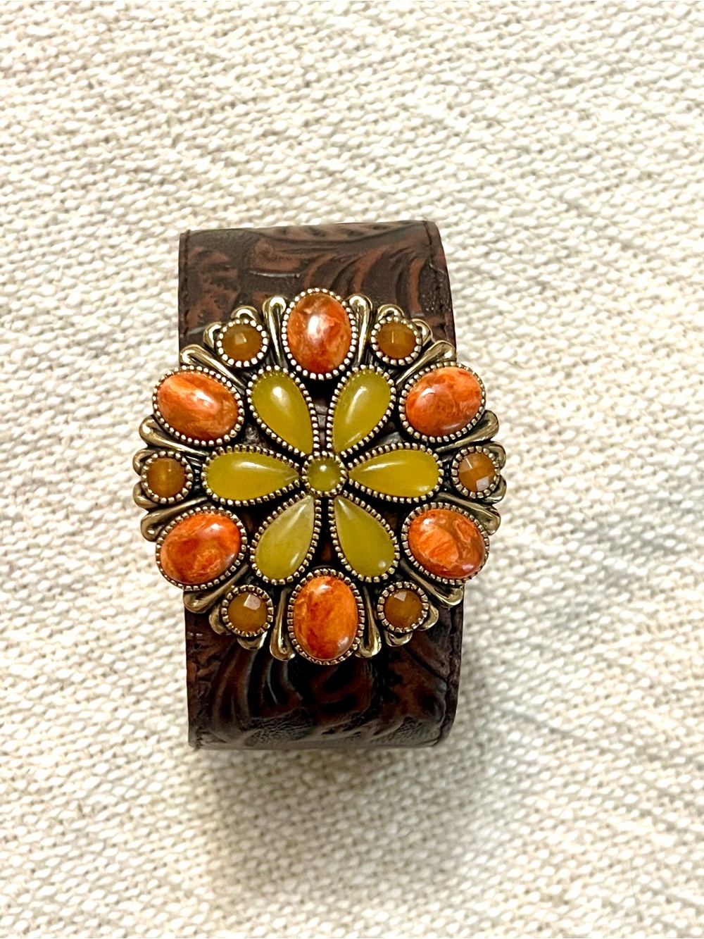 Boho Sunset Wide Floral Cluster Adjustable Cuff Embossed Leather Bracelet